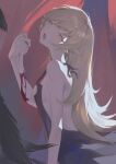  1girl absurdres bakemonogatari bare_shoulders black_feathers blonde_hair blood blood_on_arm dress fang feathers highres holding_limb long_hair looking_at_viewer monogatari_(series) open_mouth oshino_shinobu pointy_ears sb_lama solo very_long_hair yellow_eyes 