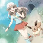  1girl :d black_wristband brown_eyes brown_hair cave commentary_request day eevee grass green_shirt green_socks hair_flaps hand_up hat highres knees leaf_(pokemon) long_hair loose_socks open_mouth outdoors pleated_skirt pokemon pokemon_(creature) pokemon_(game) pokemon_frlg red_skirt shirt shoes skirt sleeveless sleeveless_shirt smile snow_(ffgf7255) socks standing twitter_username watermark white_footwear white_headwear wristband 