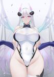  1girl ass_visible_through_thighs azur_lane baige0 bare_shoulders blue_gloves blush breasts closed_mouth covered_navel elbow_gloves gloves gradient_background hair_between_eyes hair_ornament highleg highleg_leotard highres kearsarge_(azur_lane) large_breasts leotard long_hair looking_at_viewer purple_eyes solo thighs white_hair white_leotard 