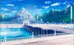  blue_sky brick_floor brick_road bridge building canal city cloud cloudy_sky fence gate gateway_arch highres mountain mountainous_horizon no_humans noki_0504 original river scenery shadow sky stairs sunlight water 