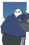  2023 anthro backpack bear belly big_belly black_body black_nose bottomwear clothing giant_panda haoming hi_res hoodie kemono leaf male mammal overweight overweight_male pants solo topwear white_body 