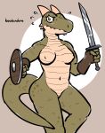  2023 absurd_res anthro argonian bethesda_softworks breasts casual_exposure clothing dubindore female fingerless_gloves front_view gloves gloves_only green_body green_scales handwear handwear_only hi_res holding_object holding_shield holding_sword holding_weapon horn melee_weapon mostly_nude nipples portrait scales scalie shield solo sword the_elder_scrolls three-quarter_portrait weapon 