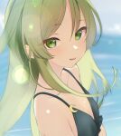  1girl bikini black_bikini blurry blurry_background blush breasts cleavage crescent day green_eyes green_hair hair_between_eyes kantai_collection long_hair looking_at_viewer nagatsuki_(kancolle) outdoors parted_lips sakieko small_breasts solo swimsuit upper_body very_long_hair 