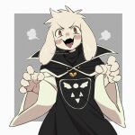  1boy absurdres animal_ears blush brown_eyes character_request fangs furry furry_male goat_boy goat_ears highres kageimo long_sleeves looking_at_viewer open_mouth short_hair skin_fangs smile tongue undertale white_hair 
