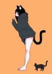  1girl animal_ear_fluff animal_ears barefoot black_cat black_hair black_hoodie blush_stickers cat cat_ears cat_girl cat_tail closed_mouth commentary_request from_side full_body highres hood hood_down hoodie leaning_forward long_hair long_sleeves looking_at_viewer looking_to_the_side megateru orange_background original puffy_long_sleeves puffy_sleeves simple_background sleeves_past_wrists smile solo standing tail 