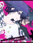  2boys black_background black_hair blood blood_splatter buttons checkered_clothes checkered_scarf danganronpa_(series) danganronpa_v3:_killing_harmony dated double-breasted dual_persona happy_birthday highres jacket long_sleeves multicolored_hair multiple_boys official_alternate_costume oma_kokichi pink_background pink_blood pink_hair purple_eyes purple_hair scarf smile suzuko_(katahaba_v3) two-tone_hair upper_body white_jacket 