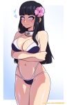  1girl absurdres arms_under_breasts black_hair blush border breasts cleavage closed_mouth cowboy_shot dashi flower hair_flower hair_ornament heart highres hyuuga_hinata konohagakure_symbol large_breasts long_hair naruto_(series) naruto_shippuuden navel sidelocks smile solo standing web_address white_border 