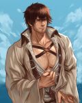  1boy absurdres adventurer_(ff14) bara blue_eyes brown_hair brown_jacket chest_strap clothes_pull cloud day facial_hair final_fantasy final_fantasy_xiv highres huge_pectorals hyur jacket koji_henrik male_focus muscular muscular_male outdoors pectorals shirt shirt_pull short_hair sky smile solo sweat upper_body warrior_of_light_(ff14) white_shirt 