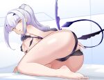  1girl ass bare_shoulders barefoot bikini black_bikini breasts dragon_wings fate/grand_order fate_(series) forked_eyebrows high_ponytail highres long_hair looking_at_viewer melusine_(fate) melusine_(swimsuit_ruler)_(fate) melusine_(swimsuit_ruler)_(first_ascension)_(fate) parted_lips sidelocks small_breasts solo swimsuit tail white_hair wings yellow_eyes yoosai 
