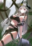  1girl absurdres arknights arm_strap bare_shoulders bikini black_bikini black_choker breasts choker commentary grey_hair highres horns long_hair looking_at_viewer maanu mudrock_(arknights) mudrock_(silent_night)_(arknights) official_alternate_costume parted_lips pointy_ears red_eyes sarong solo stomach swimsuit thighs underboob very_long_hair 