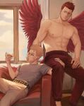  2boys abs alcohol bara beard_stubble belt blonde_hair boku_no_hero_academia burn_scar commentary couch cup earrings endeavor_(boku_no_hero_academia) english_commentary facial_hair feathered_wings feathers green_eyes grey_shirt hand_on_own_leg hawks_(boku_no_hero_academia) highres holding holding_another&#039;s_leg holding_cup jewelry kkimot0 large_pectorals male_focus mature_male multiple_boys muscular muscular_male navel nipples on_couch pants pectorals red_feathers red_hair red_wings scar scar_across_eye scar_on_face shirt short_hair sitting spiked_hair stubble sweatpants topless_male window wings yaoi yellow_eyes 