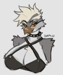  anthro avian bandage_on_beak beak big_breasts bird breasts clothed clothing collar digital_media_(artwork) eyebrow_piercing facial_piercing female hi_res impyart joy_(shammy) looking_at_viewer owl piercing simple_background smile solo spiked_collar spikes topwear 