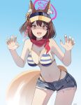  1girl :d absurdres animal_ear_fluff animal_ears bikini blue_archive blue_sky blurry breasts brown_hair claw_pose cleavage collarbone commentary_request denim denim_shorts depth_of_field fingernails flower fox_ears fox_girl fox_tail gar32 hair_between_eyes hair_flower hair_ornament halo highres izuna_(blue_archive) izuna_(swimsuit)_(blue_archive) leaning_forward looking_at_viewer medium_breasts medium_hair nail_polish navel one_side_up orange_eyes orange_nails outdoors red_scarf rope scarf sharp_fingernails shimenawa short_shorts shorts sidelocks simple_background sky sleeveless smile solo spaghetti_strap stomach striped striped_bikini sunflower swimsuit tail visor_cap 