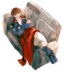  1boy amuro_ray belt_pouch blue_eyes blue_footwear blue_jacket brown_hair char&#039;s_counterattack coat coat_removed couch crossed_arms ex.rudo full_body gundam jacket long_sleeves looking_at_viewer lying male_focus on_back on_couch pants pouch red_coat shirt short_hair simple_background smile solo turtleneck white_background white_pants white_shirt 