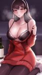  1girl absurdres alcohol black_hair blush bra breasts cleavage dress drunk hairband highres large_breasts long_hair long_sleeves looking_at_viewer red_eyes red_sweater solo spy_x_family sweat sweater tommy_(kingdukeee) underwear undressing yor_briar 