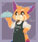  &lt;3 anthro apron clothed_anthro clothed_male clothing dialogue digital_media_(artwork) facial_markings fluffy fluffy_tail fur fur_markings gnar_(lol) grey_background head_markings hi_res holding_serving_tray league_of_legends male male_anthro markings orange_body orange_fur riot_games serving_tray shirt short short_anthro short_male simple_background smite_(artist) solo standing tail teeth text topwear tusks waiter yordle 