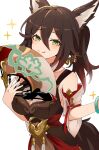  1girl animal_ear_fluff animal_ears awe_(adorableduckyy) bare_shoulders bracelet breasts brown_hair cleavage fox_ears fox_girl fox_tail green_eyes hair_between_eyes hand_fan highres holding holding_fan honkai:_star_rail honkai_(series) jewelry korean_commentary large_breasts long_hair looking_at_viewer multicolored_hair simple_background smile solo tail tingyun_(honkai:_star_rail) tongue tongue_out white_background 