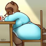  anthro anthrofied bathrobe big_breasts breasts clothing crossgender female hi_res mammal mug over_the_hedge overhead_lighting oystercatcher7 procyonid raccoon rj_(over_the_hedge) robe sitting_at_table solo thick_thighs 