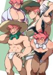  1boy =3 abs animal_ears ass bara black_hairband black_leotard blush bulge closed_eyes fishnet_pantyhose fishnets flying_sweatdrops freckles fundoshi green_eyes hairband hat highres japanese_clothes kemukemuke knees leotard looking_down male_focus milo_(pokemon) multiple_views no_sclera open_mouth pantyhose pectorals pink_hair pokemon pokemon_(game) pokemon_swsh rabbit_ears scarf shirt short_hair short_sleeves sweatdrop t-shirt teeth tongue topless_male upper_teeth_only white_scarf white_shirt wrist_cuffs yellow_headwear 