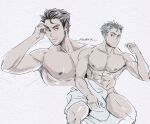  1boy abs aged_up armpit_peek bara beard_stubble bokuto_koutarou covering cropped_torso elbow_rest feet_out_of_frame frown haikyuu!! large_pectorals looking_at_viewer maddox_rider male_focus manspreading mature_male multiple_views muscular muscular_male mustache_stubble navel nipples nude_cover pectorals short_hair sideburns sitting spot_color stomach thighs topless_male yellow_eyes 