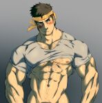  1boy :/ abs alternate_muscle_size arm_hair averting_eyes bara blush bottomless character_request chest_hair chest_hair_peek cowboy_shot facial_hair goatee_stubble groin hairy headband highres kito_(clamp5656) large_pectorals male_focus mature_male muscular muscular_male navel navel_hair nipples out-of-frame_censoring pectorals penis_out_of_frame raised_eyebrow shirt short_hair shy sideburns sideburns_stubble sideways_glance solo stomach stubble t-shirt thick_eyebrows underpec v-taper yellow_headband 