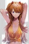  1girl armpits arms_behind_head arms_up blue_eyes breasts breasts_apart closed_mouth collarbone highres interface_headset long_hair looking_to_the_side navel neon_genesis_evangelion shirt solo souryuu_asuka_langley t-shirt upper_body white_shirt yagisawa_teru 