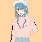  1girl 34fa11inlove :p alternate_costume arm_at_side baseball_cap blue_hair blue_pants blush braid buttons earrings finger_to_cheek hat head_tilt heart heart_earrings highres jewelry kasane_ao long_sleeves magia_record:_mahou_shoujo_madoka_magica_gaiden mahou_shoujo_madoka_magica notice_lines one_eye_closed pants pink_shirt purple_eyes ring shirt sidelocks solo swept_bangs teeth tongue tongue_out twin_braids upper_body upper_teeth_only white_headwear yellow_background 