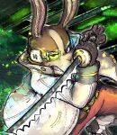  abstract_background absurd_res angry anthro boots bottomwear clothing coat fighting_pose footwear gloves green_background handwear hi_res katamichi lab_coat lagomorph leporid male mammal melee_weapon nintendo pants peppy_hare pose rabbit simple_background solo star_fox sword topwear weapon 