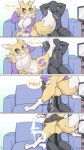  anthro bandai_namco big_breasts black_sclera blue_eyes blush breasts canid canine digimon digimon_(species) erection featureless_breasts featureless_crotch female fur genitals hi_res hinata_sakamoto human male mammal nude penis renamon white_body white_fur yellow_body yellow_fur 