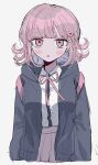  1girl :o absurdres backpack bag black_shirt breasts brown_hair collared_shirt cropped_torso danganronpa_(series) danganronpa_2:_goodbye_despair flipped_hair galaga hair_ornament highres hood hood_down hooded_jacket jacket long_sleeves looking_at_viewer medium_hair nanami_chiaki neck_ribbon open_clothes open_jacket pink_eyes ribbon shirt shirt_tucked_in skirt solo two-tone_shirt uta_(utamilk) white_shirt 