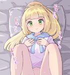  1girl bed_sheet blonde_hair blue_sailor_collar blunt_bangs blush bottomless closed_mouth commentary_request eyelashes from_above green_eyes hands_up head_on_pillow kutabireta_neko lillie_(pokemon) long_hair looking_at_viewer lying on_back pillow pokemon pokemon_(game) pokemon_sm ponytail sailor_collar shirt smile solo sweat tassel translation_request white_shirt 