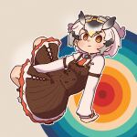  1girl armband bird_girl bird_wings blonde_hair blush brown_dress collared_shirt dress extra_ears frilled_dress frills goggles goggles_on_head grey_hair hair_between_eyes head_wings highres kemono_friends kemono_friends_3 long_sleeves multicolored_hair necktie northern_white-faced_owl_(kemono_friends) official_alternate_costume orange_eyes owl_ears owl_girl red_necktie shirt sidelocks smile solo sorairo_meronpan suspenders white_hair white_shirt wings 