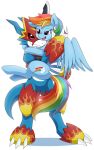  2others claws crossover digimon digimon_(creature) dragon fladramon full_body highres horse hug multiple_others my_little_pony my_little_pony:_friendship_is_magic no_humans open_mouth pink_eyes rainbow_dash rainbow_gradient red_eyes simple_background tail vavacung white_background 