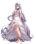  1girl bare_shoulders barefoot black_hair book breasts chain choker dress feather_hair_ornament feathers fire_emblem fire_emblem_engage fire_emblem_heroes gloves grey_hair hair_ornament highres kanda_done long_hair multicolored_hair non-web_source official_art purple_eyes small_breasts solo transparent_background two-tone_hair veyle_(fire_emblem) 