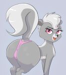  2023 anus barely_visible_anus big_butt blue_background butt clothing female feral fur grey_body grey_fur hair hasbro hell99999 hi_res littlest_pet_shop littlest_pet_shop_(2012) looking_at_viewer looking_back looking_back_at_viewer mammal mephitid open_mouth pepper_clark pink_eyes presenting presenting_hindquarters raised_tail simple_background skunk solo tail thong underwear white_hair wide_hips 