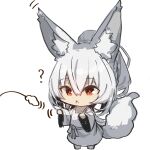  1girl :&lt; ? animal_ears barefoot cat_teaser chibi commentary_request dress ear_wiggle fox_ears fox_girl fox_tail full_body grey_hair hair_between_eyes highres long_hair long_sleeves original parted_lips ponytail red_eyes simple_background solo standing tail triangle_mouth very_long_hair white_background white_dress wide_sleeves yuuji_(yukimimi) 
