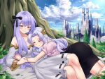  2girls ass bare_shoulders black_ribbon black_skirt blue_sky blush castle commentary day dress feet_out_of_frame fire_emblem fire_emblem:_genealogy_of_the_holy_war fire_emblem:_thracia_776 hair_ornament hair_ribbon hug igni_tion long_hair long_sleeves multiple_girls off-shoulder_dress off_shoulder outdoors pink_shirt puffy_short_sleeves puffy_sleeves purple_eyes purple_hair ribbon sara_(fire_emblem) shirt short_sleeves skirt sky smile tree very_long_hair white_dress 