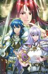  1girl 2boys absurdres bare_shoulders blue_eyes blue_hair book brother_and_sister facial_mark fire_emblem fire_emblem:_genealogy_of_the_holy_war forehead_mark frown highres holding holding_book holding_sword holding_weapon julia_(crusader_of_light)_(fire_emblem) julia_(fire_emblem) julius_(fire_emblem) long_hair maji_(majibomber) multiple_boys open_mouth purple_eyes purple_hair red_eyes red_hair seliph_(fire_emblem) seliph_(scion_of_light)_(fire_emblem) siblings smile sword tyrfing_(fire_emblem) weapon 