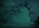  2023 anthro aquatic_dragon belly big_belly claws devil&#039;s_food dragon dragon_king_(the_monkey_king) eastern_dragon electricity facial_hair fangs horn lightning lightning_bolt long_mustache macro male mane marine morbidly_obese morbidly_obese_anthro morbidly_obese_male mustache nude obese obese_anthro obese_male open_mouth overweight overweight_anthro overweight_male partially_submerged red_eyes scales scalie side_view signature solo teeth the_monkey_king_(netflix) 