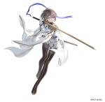  1girl boots brown_hair commentary_request doumyouji_cocoa epaulettes fringe_trim full_body gloves highres holding holding_sword holding_weapon military_uniform purple_eyes riot_music short_hair shorts solo sword thigh_boots tsuki-shigure uniform weapon white_background white_gloves 