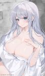  1girl bare_shoulders blue_eyes blush breasts cleavage closed_mouth collarbone commentary_request grey_hair hair_ornament hand_on_own_chest highres large_breasts long_sleeves looking_at_viewer machi_(7769) making-of_available off_shoulder original smile solo wide_sleeves 