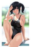  1girl alternate_costume barefoot black_hair black_one-piece_swimsuit blue_eyes blue_hair blurry blurry_background border breasts closed_mouth competition_swimsuit dark_blue_hair embarrassed feet foot_out_of_frame hair_ribbon hand_up highleg highleg_swimsuit highres kantai_collection knee_up large_breasts legs light_blush looking_at_viewer medium_hair one-piece_swimsuit outdoors outside_border ribbon sideboob sidelighting sitting solo souryuu_(kancolle) swimsuit thighs toenails toes twintails wa_(genryusui) white_border white_ribbon 