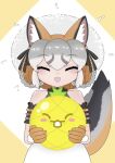  1girl animal_ears bare_shoulders belt dress extra_ears food fox_ears fox_girl fox_tail fruit gloves grey_hair hat island_fox_(kemono_friends) kemono_friends kemono_friends_v_project long_hair looking_at_viewer noren_kf1 orange_hair simple_background smile solo suika_game sundress sweat tail virtual_youtuber 