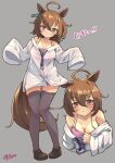  1girl absurdres agnes_tachyon_(umamusume) ahoge animal_ears arms_up black_thighhighs blush breasts brown_eyes brown_footwear brown_hair camisole cleavage grey_background highres horse_ears horse_girl horse_tail looking_at_viewer multiple_views no_pants off_shoulder oversized_clothes oversized_shirt panties panty_peek pink_camisole pink_panties shirt shoes short_hair simple_background sleeves_past_wrists smile tail thighhighs thighs umamusume underwear white_shirt woruta_(soloistlist) 