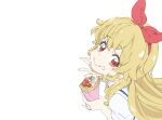  1girl aikatsu! aikatsu!_(series) blonde_hair bow closed_mouth commentary_request crepe eating food food_on_face hair_bow hairband highres holding holding_food hoshimiya_ichigo long_hair looking_at_viewer red_bow red_eyes red_hairband saitou_atsushi_(kamatamanankotu) shirt simple_background smile solo transparent_background upper_body white_shirt 