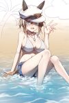  1girl animal_ears beach blue_eyes blush bneoul breasts brown_hair cheval_grand_(umamusume) cleavage collarbone hair_between_eyes hat highres horse_ears horse_girl horse_tail jewelry large_breasts navel necklace open_mouth sand sitting solo swimsuit tail umamusume waving 