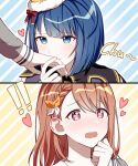  ! !! 2girls black_eyes blue_eyes blue_hair blunt_bangs blush bow braid brown_hair clenched_hand closed_mouth commentary_request diagonal_stripes ganbaru_anata_ni_break_time!_(project_sekai) hair_ornament hanasato_minori hand_grab heart heart-shaped_pupils highres kiritani_haruka kiss kissing_hand korean_commentary lat1e long_sleeves miyamasuzaka_girls&#039;_academy_school_uniform multiple_girls official_alternate_costume open_mouth project_sekai red_bow school_uniform short_hair striped symbol-shaped_pupils yuri 