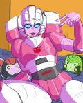  2023 absurd_res arcee autobot blue_eyes cybertronian dumbdelvon gesture hasbro hi_res humanoid machine metallic_body not_furry pink_body plushie robot robot_humanoid takara_tomy transformers v_sign 