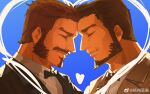  2boys artist_request bara beard blue_background closed_eyes couple facial_hair forehead-to-forehead from_side graves_(league_of_legends) grey_suit heads_together heart heart_background highres husband_and_husband league_of_legends male_focus mature_male multiple_boys mustache mutton_chops profile short_hair suit thick_eyebrows thick_mustache twisted_fate upper_body 