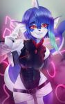  animal_ears belt blue_hair breasts colored_sclera cyberpunk_(series) cyberpunk_edgerunners fins fish_girl fish_tail fog furry highres non-web_source red_sclera smile sparkitty tail 